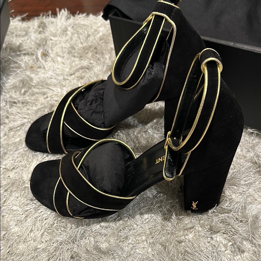 YSL Black Velvet Heels with Gold Trim